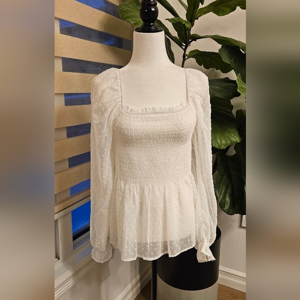 Apricot White Smocked Blouse with Sheer Sleeves